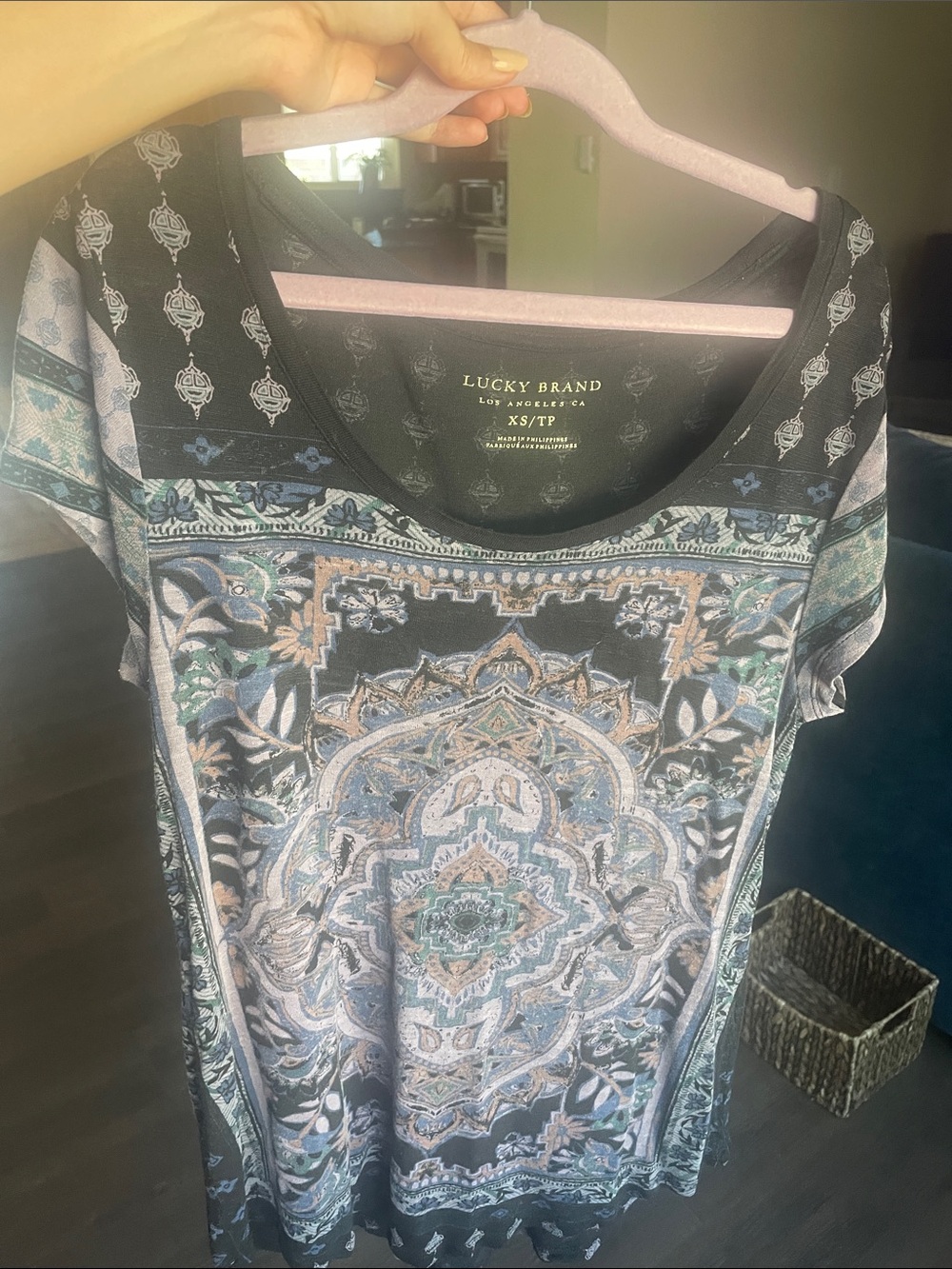 Lucky Brand Black Teal Cream Paisley Medallion Tee